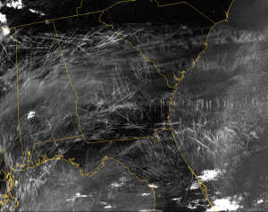 thick aircraft contrails over the southeastern US